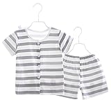 ［Tiny＆Cute］ベビー用パジャマ　半袖　キッズ　上下2点セット　男女兼用　ルームウェア　部屋着　寝間着　薄手　綿100%　　前開き　80cm　90cm　 (80cm) (グレー_ストラップ, 9