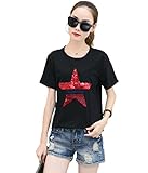【Smile LaLa】 レディース 半袖 Tシャツ カットソー スター 星 スパンコール トップス カジュアル 英字 ロゴ 夏服 派手 女性 (ブラック, M)
