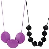 MyBoo Autism/Sensory/Teething Chewable Oval Pendant and Beaded Necklace Bundle - Set of 2, Lilac/Gra