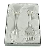 CUTE TEDDY HANDLE SILVER PLATED SPOON AND FORK SET FOR BABY CHRISTENING by ukgiftstoreonline