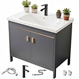 洗面台 自立式 収納キャビネット付き 鏡なし 41×61×80cm 陶器一体型洗面ボウル 防水仕様 蛇口・排水金具・取付部材付 日本語説明書 浴室 洗面所 バルコニー対応 (グレー+白)