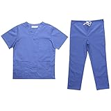 Dovewill コットン　半袖　スパ　マッサージ　制服　ユニフォーム　吸汗速乾　スクラブセット　5サイズ5色選べる - 青, M