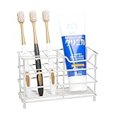 歯ブラシスタンド ステンレス製 6本収納+歯磨き粉ホルダー 壁掛け/置き型 両用 銀色 光沢仕上げ 浴室/洗面台用 (シルバー, L)
