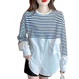 [Jililoo] レディース トップス 長袖 Tシャツとシャツの融合 ボーダーTシャツ ゆったり 重ね着風に着る(L, ブルー)