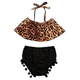 ベビー女の子服セットLeopard Printロータスリーフ襟Off Shoulder Top Pom Shorts カラー: ブラック