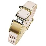 Beanspet 犬首輪 ワンタッチ 革 便利 楽 おしゃれ かわいい 犬 首輪 レザー 2重ロック (Mサイズ, クリーム)