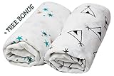 Muslin Swaddle Blankets 2 Pack - 47x 49 - 100% Organic Cotton - Stylish Set for Boys or Girls + Free