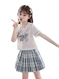 [AOLIPT] 子供服 女の子 セットアップ キッズ 半袖 セーラー服 プリーツスカート ミニ チェック柄 かわいい ガールズ 制服 スクール JK コスプレ(140ブルー)
