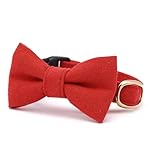 ぽぽねこ リボン付き猫首輪 コットンプレーン セイフティーバックル・鈴付き・ハゲにくい・日本製 (赤紅, M)