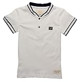 Plus Nao(プラスナオ) ポロシャツ 半袖 Tシャツ カットソー 子供用 トップス バンドカラー ヘンリーネック ボタン ライン入り 刺繍 カジュ ホワイト 130cm