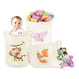 3 - Pack Heavy Duty Large Collapsibleキャンバスおもちゃストレージバッグバスケットハンドル付き、洋服Hamper、かわいい動物デザイン、Great for Toys