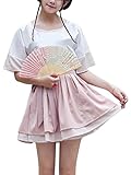 OCHENTA レディース ガールズ 春夏秋　中国伝統風　漢服　学生向け　カジュアル　可愛い　綿　2セットトップス+ミニスカート　ワンピース #3　ピンク　L