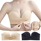 [APIKIE] ストラップレスブラ 紐なしブラ 【ダンサーも愛用・多重滑り止め素材】【ズレ落ちない・美胸美背】 チューブトップ 脇高 ノンワイヤー ブラジャーセット 柔らかい 結婚式 オフショル ブラジャー 寄せブラ バストアップ (JP, アルファベット, S, ブラック＋肌色)