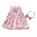 Chaufly ベビースカート 子供服 女の子ノースリーブ 可愛い Aライン ドレス 洋服 ヘッドバンド付け 苺柄 超柔らかい 人気 記念撮影 プレゼント 夏