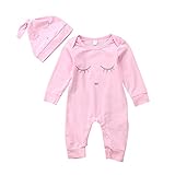 ベビー　子供服　女の子　男の子　長袖　ロンパース　帽子付き　2点セット　新生児サイズ　まつげプリント　超柔らかい　可愛い　赤ちゃん服　カバーオール　出産祝い　普段着　パジャ (70, ピンク)
