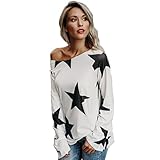 Aliciga 星柄 ゆったり Ｔシャツ 肩出し 春 秋 スター プリント レディース 長袖 オフショルダー ヒップホップ ボートネック 人気 おしゃれ トップス シンプル トレーナー スポーツ カジ