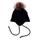 Pawaca ニット帽子 　キッズ 　ニット帽 　ボンボン 子供帽子 帽子 耳あて付　 ベビー 　子供 児童　赤ちゃん 出産祝い 新生児 可愛い　女の子 秋 冬 （ブラック）