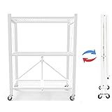 メタルラック 折りたたみ可能 収納ラック 3段 スチールラック フォールディングラック セーフティロック付 キャスター付 耐荷重90kg ホワイト
