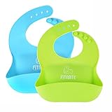 「二枚組」Fitnate　お食事用シリコンエプロン　よだれかけ　ポケット付き　長さ調整可　防水　洗濯可　柔軟　速乾性　抗菌 ブルー＆グリン（4ヵ月から4歳まで適用）