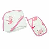 LAT(リー·アンド·タウン)フード付けタオルとウォッシュクロスセット　Muslin Cotton Bath Hooded Towel & washcloth set　　 (入浴手袋付き・ピンク魚)