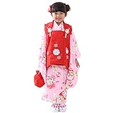 うさぎA 赤×優しいピンク 七五三 着物 3歳 女の子用被布8点セット オリジナル 悠ひめ 被布コート 着物 襦袢 巾着 草履 髪飾り 刺繍付き半衿 重ね衿