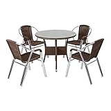 人工ラタンチェア4脚 丸テーブル1台 5点セット 強化ガラス ウォールナット 籐 肘掛けカバー付き 家具 ファニチャー インテリア スタッキングチェア リビング chair 椅子 南国 アジアン バリ