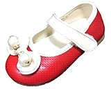 chocochild パール ビーズ リボン 子供用 フラット ヒール パンプス キッズ シューズ (13cm, レッド)