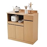 LOWYA （ロウヤ） 【天然木】 食器棚 キッチン収納 キッチンカウンター 突板の落ち着きある風合い スライドレール 可動棚 2口コンセント×２ カトラリー収納 幅90cm ナチュラル／ブラック おしゃれ