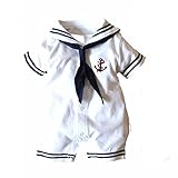 Dragon Honor ベビー服 セーラー服 ロンパース 男の子 女の子 新生児服 半袖前開き 男女兼用 子供服 赤ちゃん 出産祝い 写真撮影 道具 夏用 綿 可愛い (9M（6-9ヶ月）)