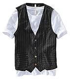 [Harpie.J] ベスト メンズ リネンベスト 春 夏 袖なし ストライプ ジレ ノースリーブ 大きいサイズ 亜麻 トップス 薄手 カジュアル ナチュラル風 ビジネス おしゃれ Vネック 麻 ベスト 細身 通気 吸汗 普段着#728-A(ブラック,XL)