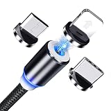 マグネット 充電ケーブル 3in1 USBケーブル 3A急速充電 LED付きケーブル 360°回転 じゅうでんケーブル USB C Type-C Micro USB タイプc 充電器 充電コード 磁石 磁気 コネクタ スマホ 充電 高耐久ナイロン編み FOR ライトニングケーブル usb 充電コード