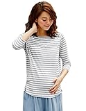 Angeliebe エンジェリーベ マタニティ Tシャツ 授乳口付き 綿混 やわらか フライス ボート ネック 七分袖 産前 産後 妊婦服 S ～ M グレー × オフ ボーダー 21332 2133