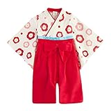 GudeHome 女の子 和装フォーマル ロンパース 袴風 着物 ベビー服 長袖 カバーオール キッズ コスチューム 綿100％ (レッド 90cm)
