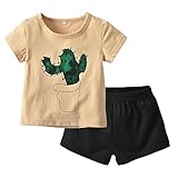 Tシャツ上下2セット 男の子 子供服 ラウンドネック 半袖 植物パターン Tシャツトップ + ブラック ショーツ 子供用（1-6歳） (2-3歳)