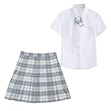 ルナリ 制服 3点セット 女子高生 JK ブラウス スカート リボン チェック柄 シンプル ハロウィン 仮装 コスプレ (水色, M)