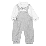 ベビー ロンパース オーバーオール風 蝶ネクタイ キッズ フォーマル 長袖 子供服 男の子 結婚式 七五三 お食い初め 新生児 幼児 出産祝い 撮影 記念日 誕生日 ハーフバースデー (70, グレー