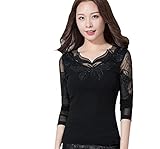 [FERE8890] レディース 長袖Tシャツ インナー プルオーバー 修身 セクシー Vネック 通勤 長袖 無地 ストレッチ 刺繍 蝶 ラインストーン 通気性がいい ブラック XL