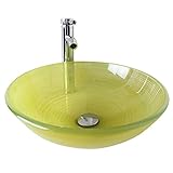 Homelava 現代　手洗い器　蛇口付き　洗面ボウル　洗面器　バスルーム　洗面台　洗面用　強化ガラス製　円形　排水金具付　ライトグリーン