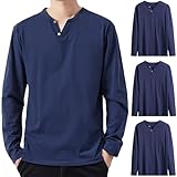 Hisitosa 長袖tシャツ メンズ 秋 3枚組 4枚組 綿100% 無地 ヘンリーネック t シャツ インナーシャツ メンズ 肌着 v ネック ロングtシャツ (JP, アルファベット, 3XL, 3枚組-ネイビー)