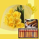誕生日プレゼント イエローローズ花束＆広島初の菓子工房くだものケーキ10本 お父さんへのメッセージカード付き