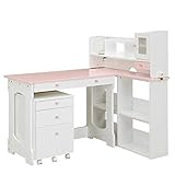 デスク ワークデスク 学習デスク 100cm パソコンデスク 机 ワゴン付き (ピンク)