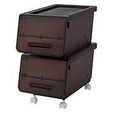 山善(YAMAZEN) オープンボックス フタ付き収納ボックス 2個組 浅型 スリム キャスター付き スモークブラウン