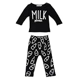 Ochine 長袖 Tシャツ ＆ パンツ　上下 2点セット ミルク 長袖 ウエスト ゴム 仕様 セットアップ 子供服 ベビー パジャマ 普段着 ユニセックス 英字 ロゴ 松ぼっくり どんぐり プリント