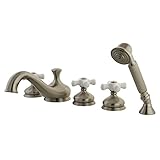 Kingston Brass KS33385PX Roman Tub Filler with Hand Shower and Porcelain Cross Handle, Satin Nickel,