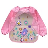 スモック 長袖 幼稚園 おしゃれ 保育園 エプロン 防水 子供スモック ベビービブ こども スモック 食事用 お絵かき用 泥遊び用 エプロン 6ヶ月 4歳鳥柄 (ピンク)