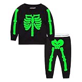 [LittleSpring] 夏 秋 ハロウィーン 仮装 子供用 コスプレ 変身 夜光 ドクロ 髑髏 スケルトンの骨 半袖 Tシャツ ロングパンツ 上下セットアップ 黒 ベビー 130