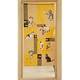 猫柄のれん幅85×170cm丈ロングサイズ 和風「貼り絵七福ねこ YE」cos10502