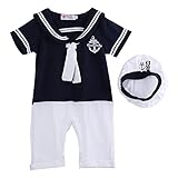 欧米ファッションベビー服　男の子ロンパース 海軍風　ストライプカバーオール　帽子付き　半袖　男の子の日　 お出かけ 記念撮影 (90(9-18ヶ月), ネービー)