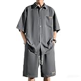 [FJLTDCP] 上下セット 大きいサイズ メンズ 半袖 開襟 Tシャツ セットアップ ジャージ ショットパンツ 2点 カジュアル おしゃれ 通気性 薄手 快適 涼しい 夏服 セットアップ Grey 2XL