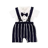 ALLAIBB ロンパース カバーオール ベビー服 男の子 半袖 蝶ネクタイ 偽2点セット ストライプ 飛行機 生産お祝い ギフト 0-12M size 80 (紺)